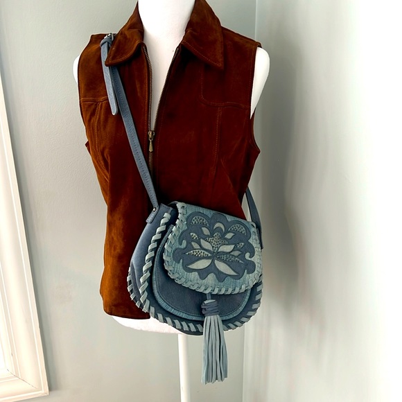Steven By Steve Madden Handbags - Steve by Steve Madden Denim Blue studded Crossbody Saddlebag fringe Cowboy